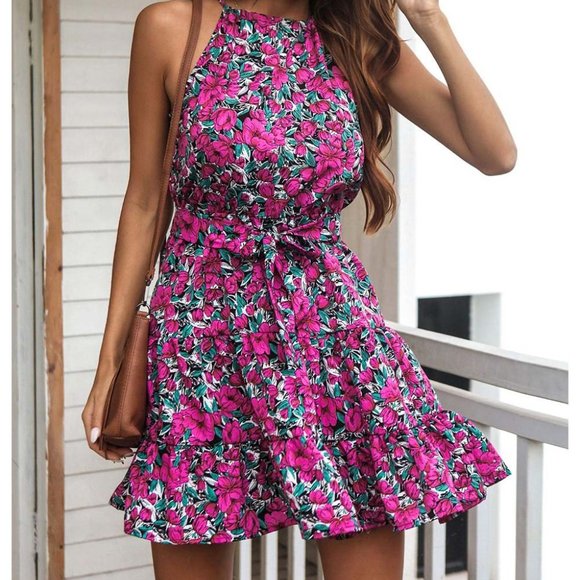 Purple Floral Tiered Tie-Waist Halter Dress Size M - Picture 2 of 3